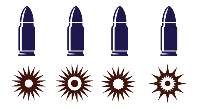 Abstract, black and white illustration of bullet holes and ammunition elements, stark graphic texture set, impact marks, perforation holes, grunge surface detail, vector design, high contrast 