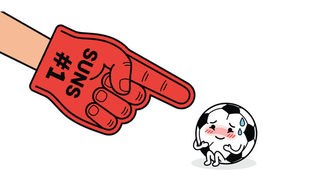 Foam finger pointing at tiny embarrassed soccer ball, funny stadium fan vector illustration isolated on white