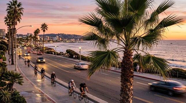 City boulevard with palm trees. Blurred cyclists, sharp focus on the palm fronds and distant ocean.Real-world photography style.