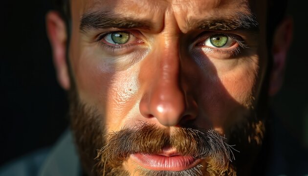 Man with green eyes and beard looks intensely. Dramatic light and shadow define his face. Close up portrait captures detailed skin texture and masculine features. Intense gaze holds viewer attention.