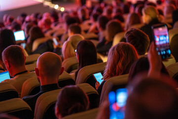 Fototapeta na wymiar Conference audience watching presentation, many people using smartphones and laptops, dim red lighting, crowded seating, modern event atmosphere.