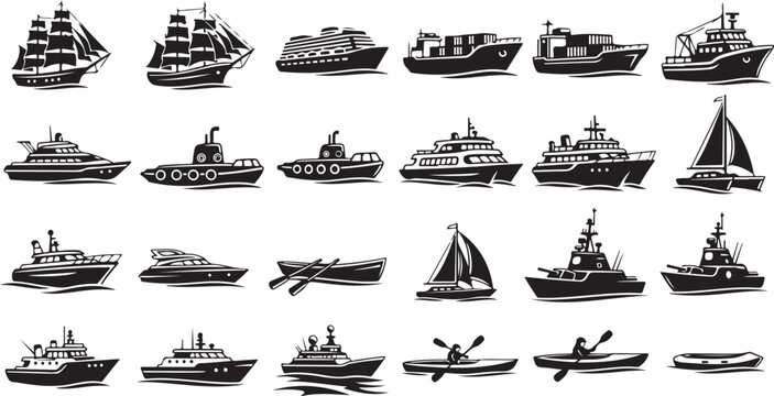 Various types of boats and ships illustrations
