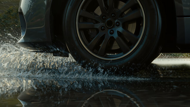 Car tire driving on wet road in rain