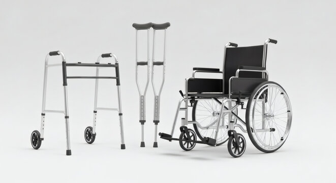 Medical wheelchair crutches and walker on white background