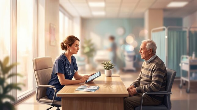 Doctor consulting a patient in a bright modern clinic room, warm afternoon light flooding in, blurred medical interior behind