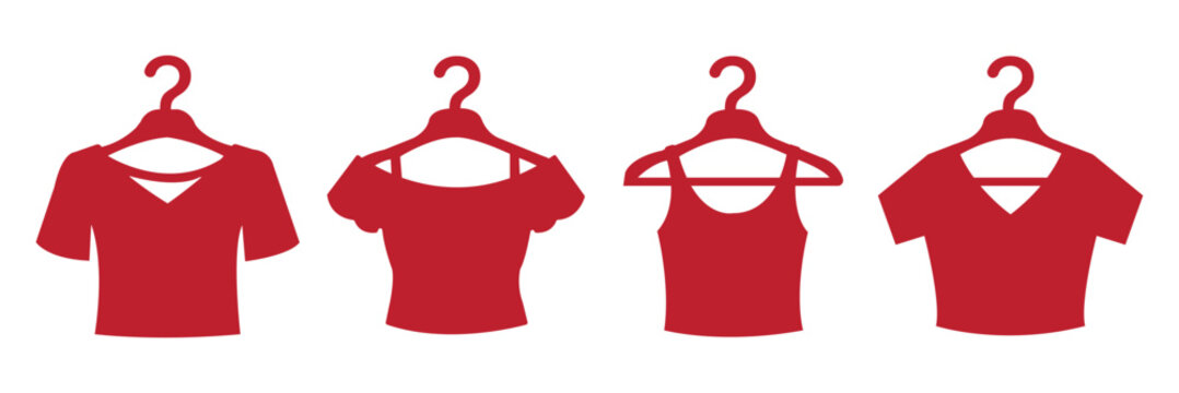 Clothes hanger icon set. Tee shirt with hanger sign. Fabric sport wear symbol. Laundry and Fashion .Tee shirt with hanger sign. Fabric sport wear symbol. tshirt on hanger icon set, clothing store sign