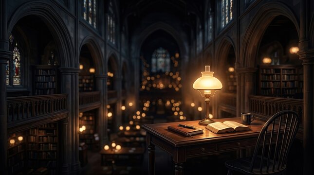 Empty reading room in a university library at night, a lone desk lamp glowing, blurred ornate architecture and darkness receding