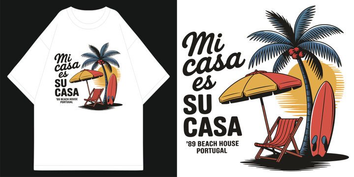 retro mi casa es su casa 1989 beach house portugal graphic with sunset palm tree surfboard and beach chair scene on white apparel t shirt design vector illustration artwork