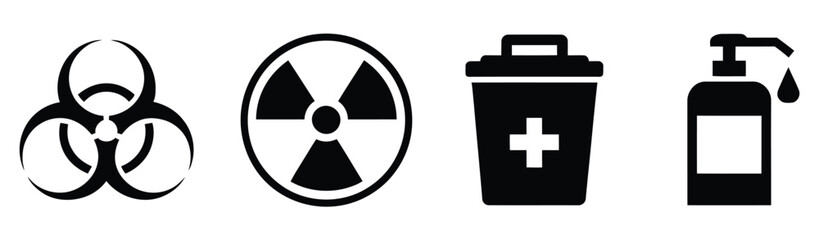 Obraz premium Safety, hazard icons set including biohazard, radiation, medical waste, and sanitizer spray symbols, vector illustration, warning and hygiene indicators, healthcare and contamination control concepts,