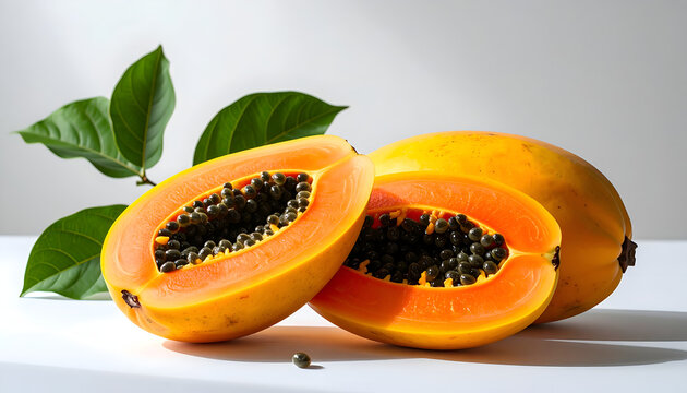 A vibrant still life showcases ripe papayas, one halved to reveal its seed-filled interior.