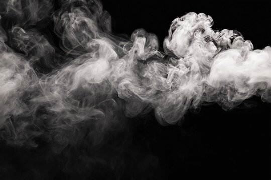 White smoke swirls and curls in intricate patterns against a solid black background.