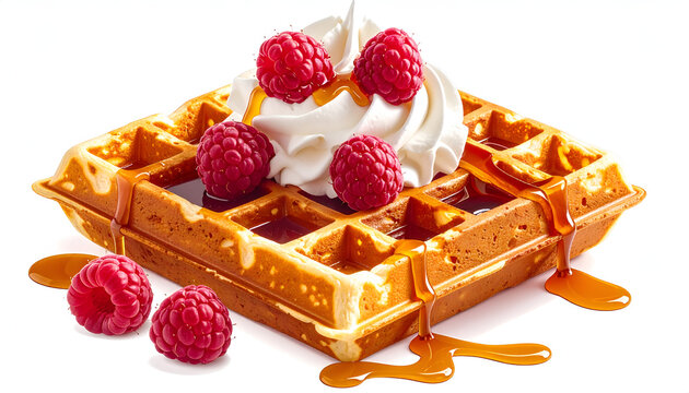 A stack of golden waffles is generously topped with whipped cream, fresh raspberries, and drizzled with luscious syrup against a clean white background.