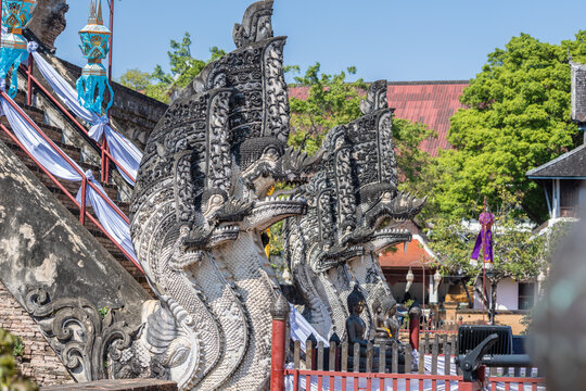 Ornate Naga serpent statues, intricately carved, guard the entrance stairs of Wat Chedi Luang in Chiang Mai, Thailand. Festive drapes and lanterns adorn this historic temple, showcasing stunning