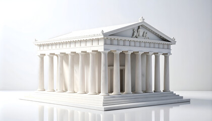 Fototapeta premium A pristine white architectural model of a classical Greek temple stands prominently against a minimalist white background, showcasing intricate details and symmetrical design.
