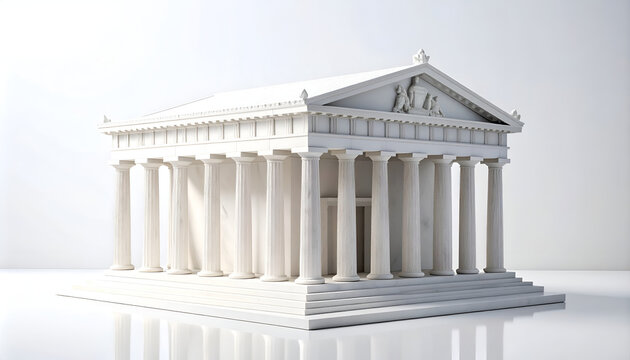 A pristine white architectural model of a classical Greek temple stands prominently against a minimalist white background, showcasing intricate details and symmetrical design.