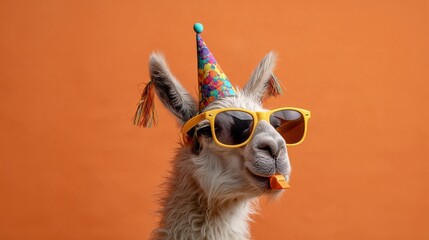 Fototapeta premium Llama wearing colorful party hat and oversized sunglasses poses against a vibrant orange background, celebrating a festive occasion with a playful expression