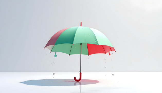 A vibrant, two-toned umbrella stands against a minimalist white backdrop, with raindrops suspended in mid-air, creating a striking visual contrast.