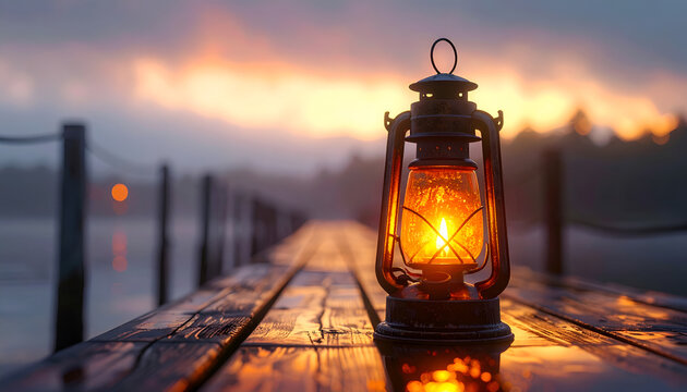A warmly lit antique lantern sits on a weathered wooden dock, bathed in the golden hues of a tranquil sunset over a misty lake.