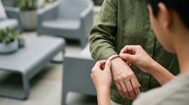 Caring adult daughter helping senior mother with a bracelet on a modern patio.