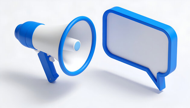 A vibrant blue megaphone points towards a speech bubble, symbolizing communication and announcement against a clean white background.