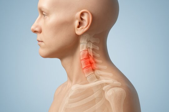 3D medical anatomical side-view of head and neck showing cervical osteochondrosis at C5 C7 with red-highlighted discs indicating degeneration, inflammation, realistic visualization of neck pain cause.