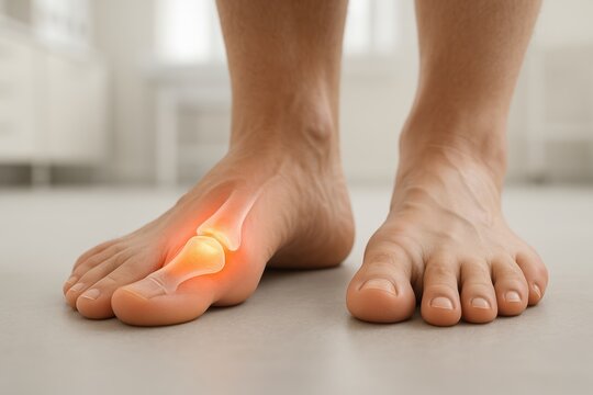 Hallux rigidus pain highlighted at big toe joint with subtle anatomical overlay on both feet in blurred medical interior forming clear clinical scene focused on forefoot arthritis