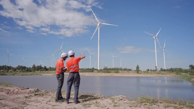 Rear view of Asian engineers pointing at wind turbines during inspection at a renewable energy site, representing clean energy operations and teamwork in sustainable infrastructure.