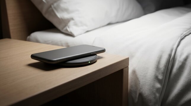 Mobile phone charging on wireless induction pad on wooden nightstand in bedroom.