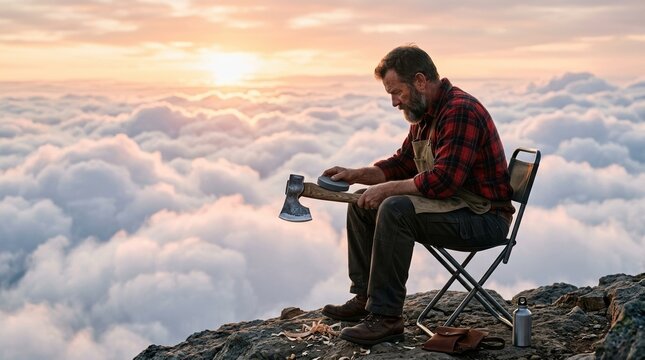 Lumberjack sharpening steel axe at folding chair surrounded by white fluffy clouds at sunrise. Surrealist photography,