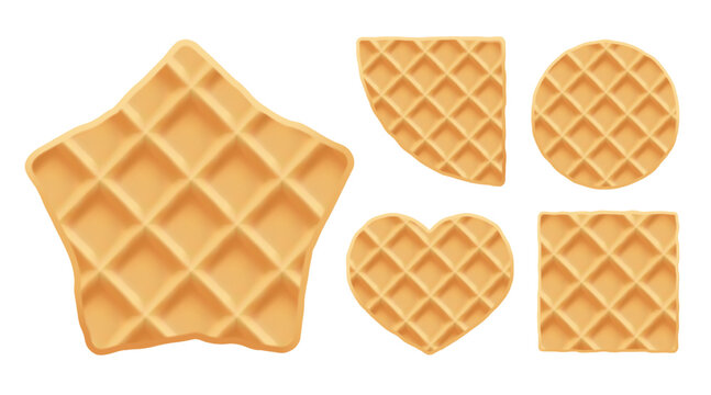 Wafer beige biscuit and creamy star cake, sweet crispy waffel. Waffle texture pattern and icecream cone cookie, 3d vector illustration. Round belgian dessert, heart bakery bg, realistic summer shape