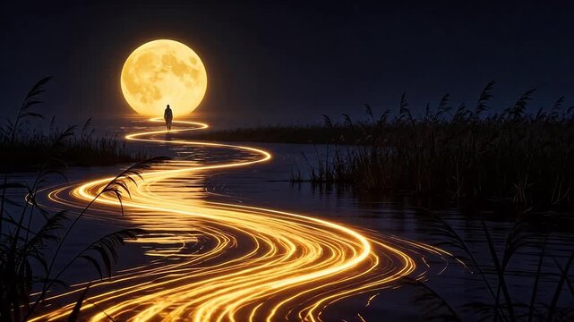 Person walking on glowing path under moon