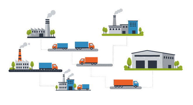 Industrial logistics and distribution network with factories and trucks, illustrating a supply chain process