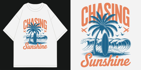 Obraz premium retro chasing sunshine surfing ocean waves palm tree and surfboard beach scene illustration on white oversized apparel t shirt design vector illustration artwork