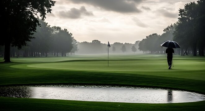 A lone golfer walking on a misty golf course with an umbrella under a dramatic cloudy morning sky