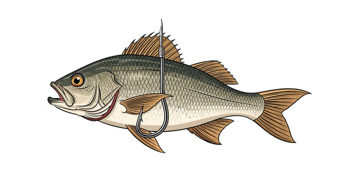 Fish with hook in mouth swimming.