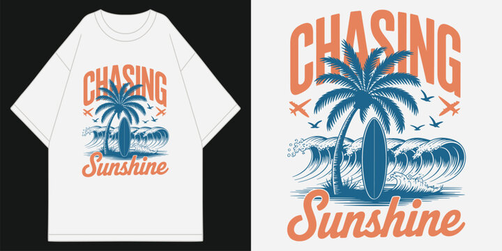 retro chasing sunshine surfing ocean waves palm tree and surfboard beach scene illustration on white oversized apparel t shirt design vector illustration artwork