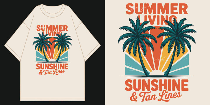 vintage summer living sunshine and tan lines tropical palm tree sunset landscape illustration on cream oversized apparel t shirt design vector illustration artwork