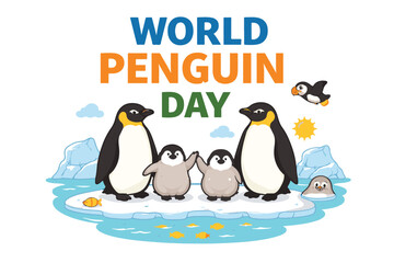 Naklejka premium World Penguin Day Celebration Illustration with Cute Penguin Family on Iceberg