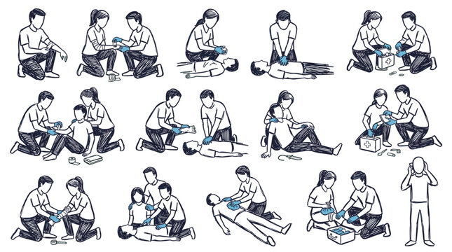 Illustrations depicting CPR and first aid procedures for adults and children, including chest compressions, rescue breaths, and AED usage.