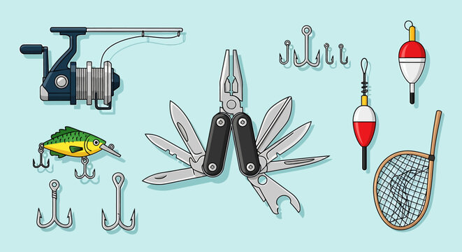 Fishing gear collection with fishing rod reel lure hooks and net.