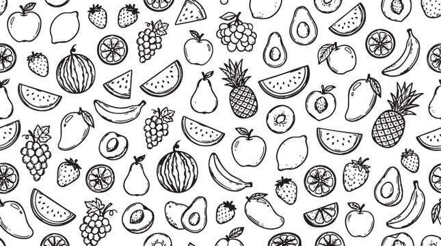 Fruit and berry background, abstract food seamless pattern. Fresh fruits wallpaper with apple, banana, strawberry, watermelon, line icons. Vegetarian grocery vector illustration, green white color