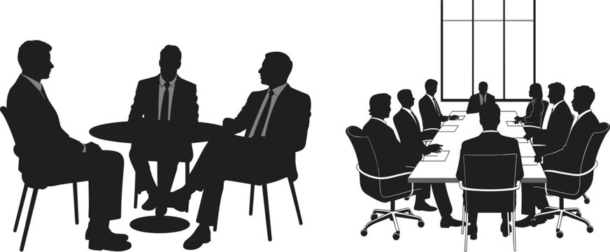 Business meeting silhouettes scene, corporate professionals discussing at table and boardroom conference, teamwork communication concept isolated on white background design
