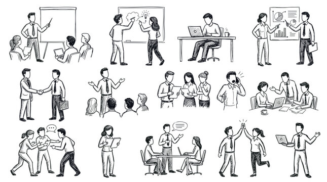 A collection of hand-drawn illustrations depicting various business and office scenarios, including meetings, presentations, and teamwork.