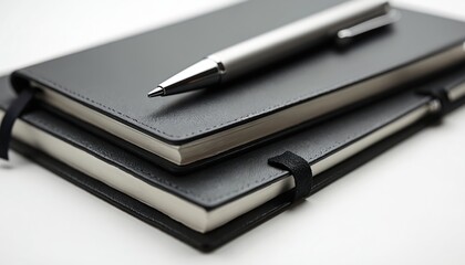 Naklejka premium Black leather notebooks stacked with silver pen on white surface. Tools for writing notes, planning tasks, and journaling. Minimalist desktop setup for work or study.