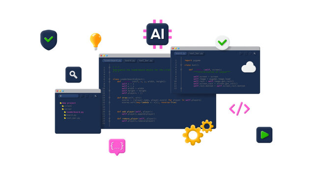 AI programming concept banner. Vector 3d background with coding symbols and programming windows. Modern Information technologies and computer engineering concept. AI programming or developing software