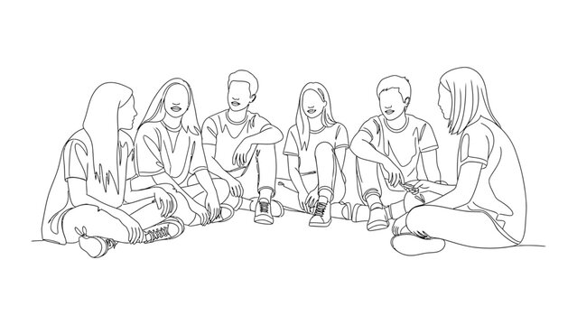 Continuous line drawing of a group of diverse young friends sitting together in a circle talking. Continuous line style. Hand drawn. Line art. Vector design. illustration