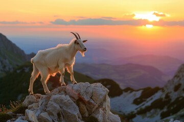 Obraz premium Eid al Adha Mubarak Sacrificial Goat Standing on Rocky Mountain at Sunset Scenic Landscape for Islamic Festival Photo.