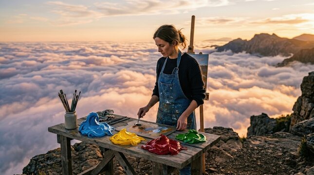 Painter mixing paint colors at workbench above sea of clouds during golden hour. Surrealist photography, high-altitude landscape,