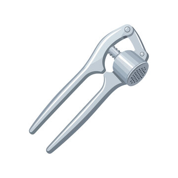 A minimalist, clean illustration of a silver garlic press, a kitchen utensil for mincing garlic
