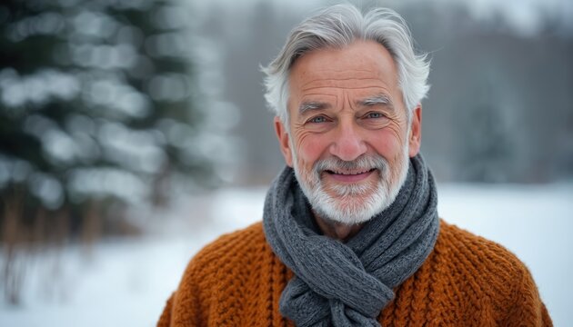 Elderly man with grey beard and hair smiles warmly outside in snowy winter forest. He wears orange knitted sweater and grey scarf. Calm, happy, frosty atmosphere, blurred trees background.